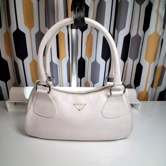 Vintage Prada Hobo Handbag Pebbled White Leather Medium Size - Picture 1 of 14